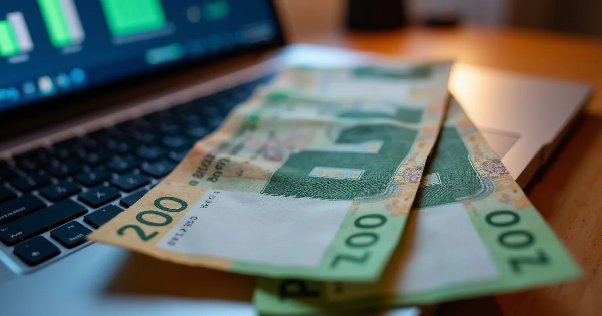 Polskie banknoty PLN obok laptopa z wykresem cen - ile kosztuje strona internetowa