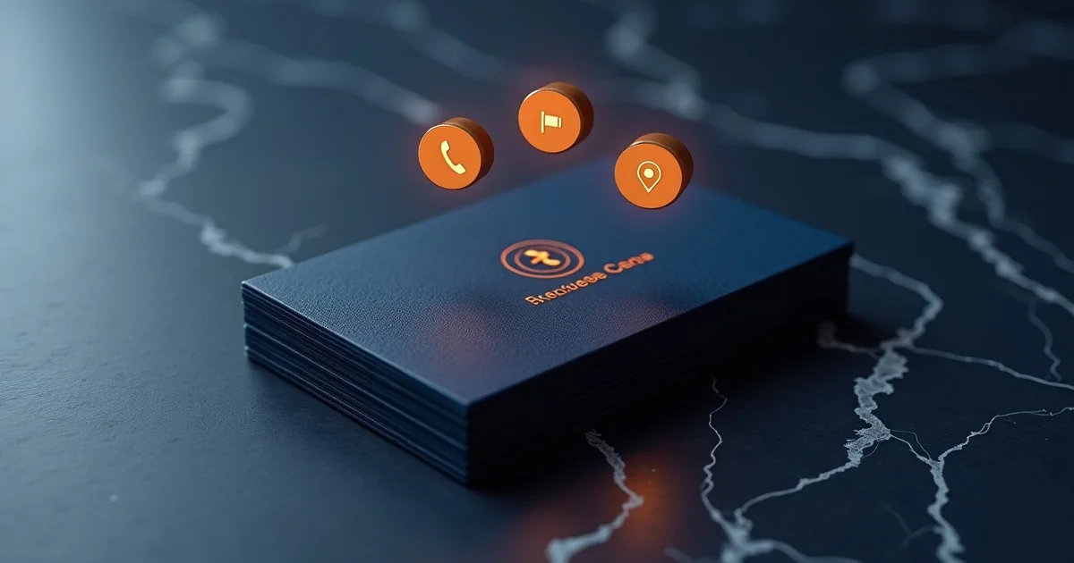 Stos wizytowek na ciemnym marmurze z trzema amber ikonkami telefon poczta lokalizacja - co strona wizytowka powinna zawierac